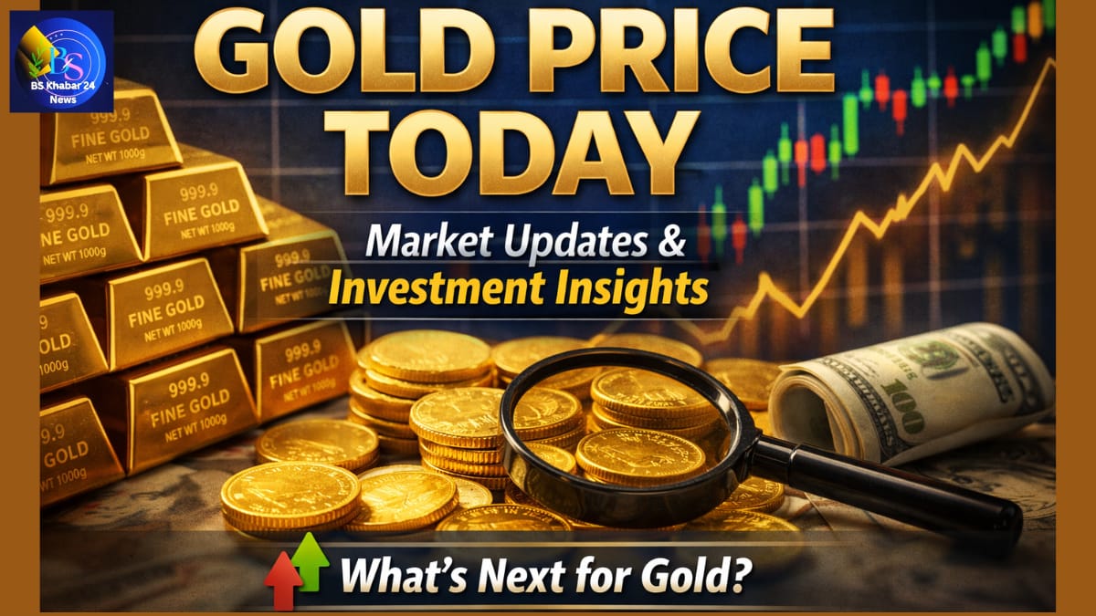 Gold price today showing stacked gold bars and coins with market chart indicating gold rate trends