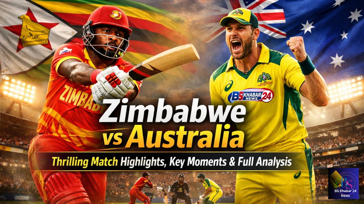 Zimbabwe vs Australia cricket match featuring players in action with national flags in the background during an intense international clash