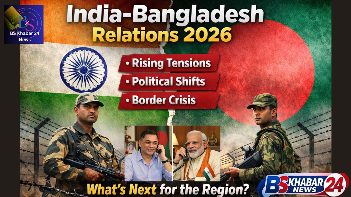 India Bangladesh Relations 2026 showing border tension between Indian and Bangladeshi soldiers with national flags highlighting political crisis and rising diplomatic conflict