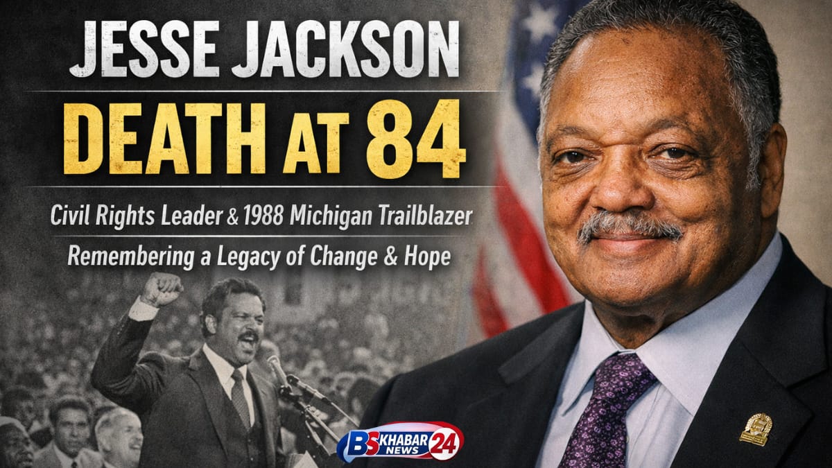 Jesse Jackson death at 84 tribute image showing the civil rights leader with American flag background, highlighting his 1988 Michigan victory and lifelong fight for equality.