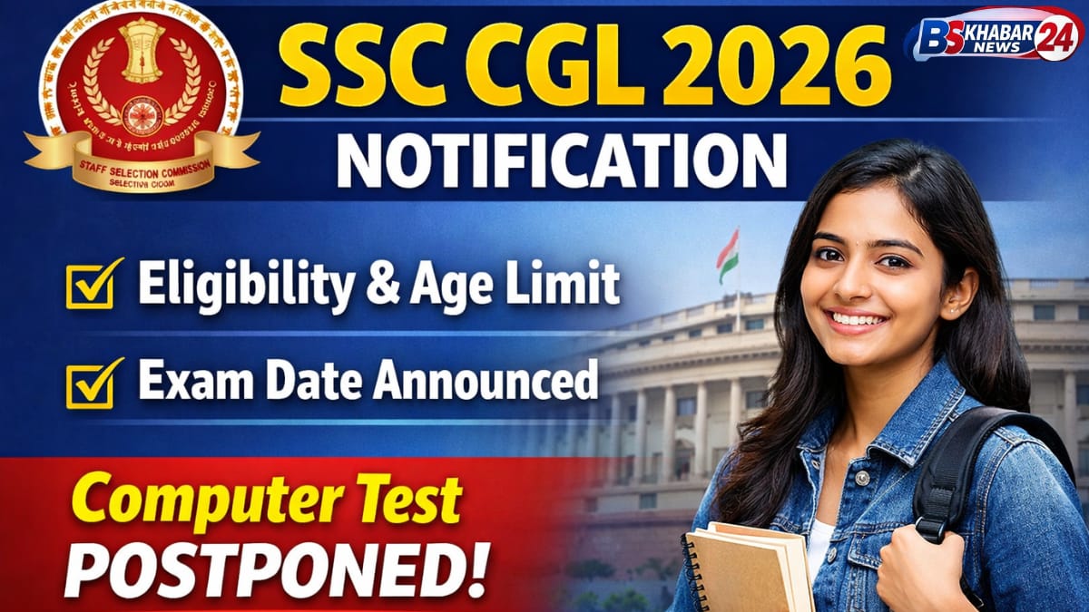 SSC CGL 2026 Notification featured image showing eligibility, age limit, exam date announcement and computer test postponed update with student and government building background.