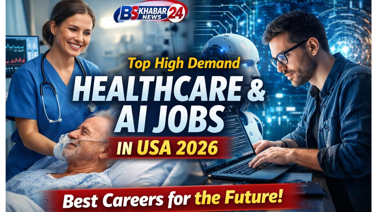 Top High Demand Healthcare and AI Jobs in USA 2026 featured image showing a nurse caring for an elderly patient and an AI engineer working on artificial intelligence technology, highlighting best future careers in America.