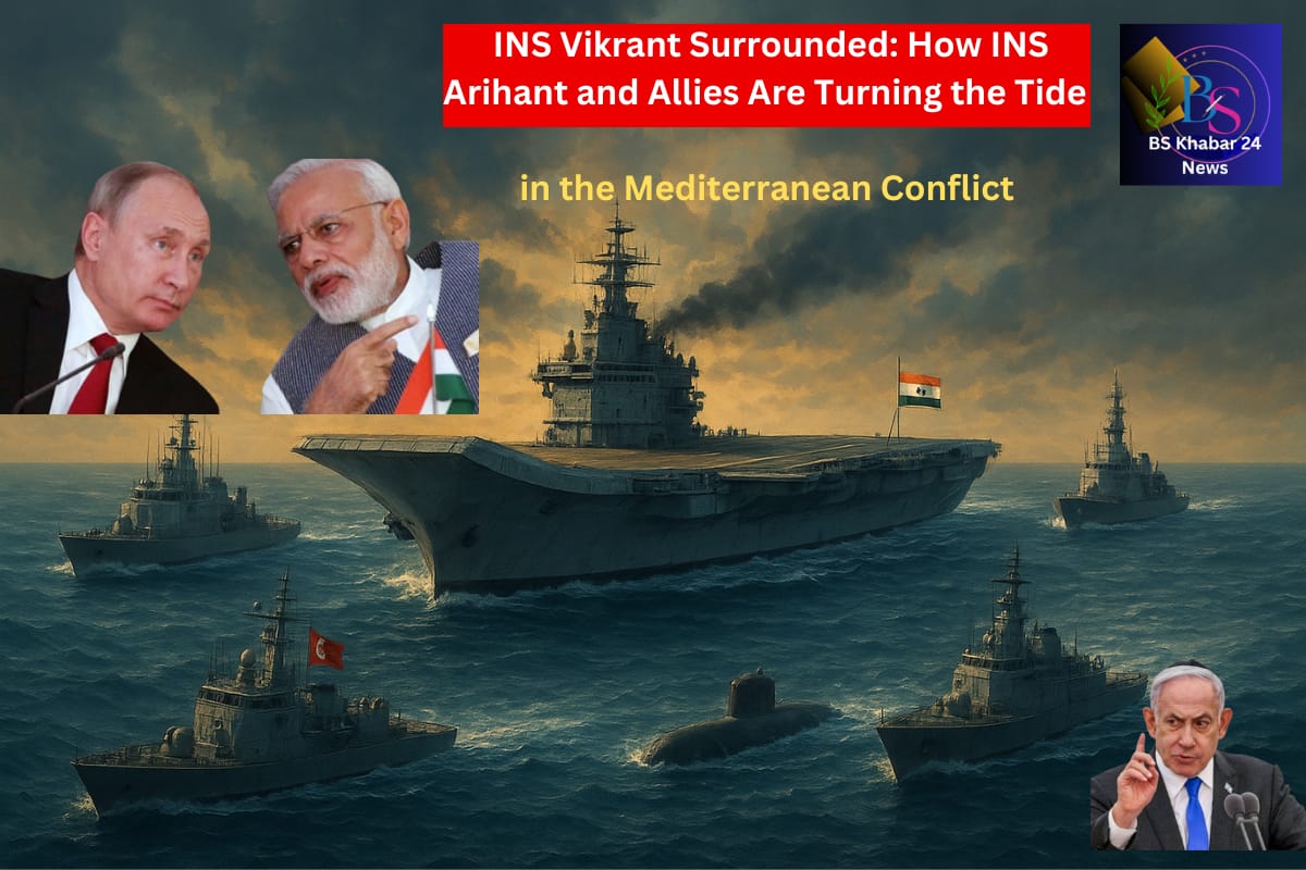 Digital illustration of the Indian aircraft carrier INS Vikrant surrounded by Turkish and Pakistani warships in the Mediterranean Sea, with India’s nuclear submarine INS Arihant emerging from the water and dramatic sunset clouds highlighting the tension and strength of the Indian Navy and image are Modi, Putin and Netaniihahu.