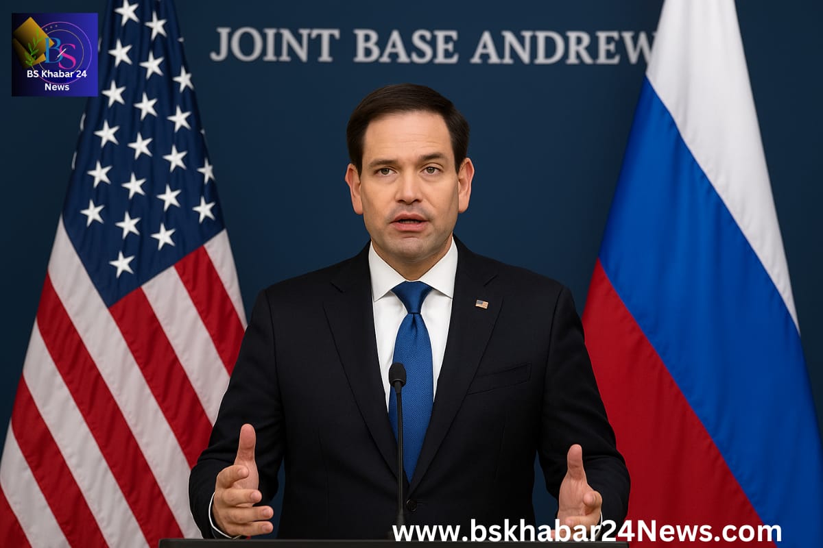 U.S. Secretary of State Marco Rubio speaking at Joint Base Andrews about diplomatic engagement with Russia following new sanctions.