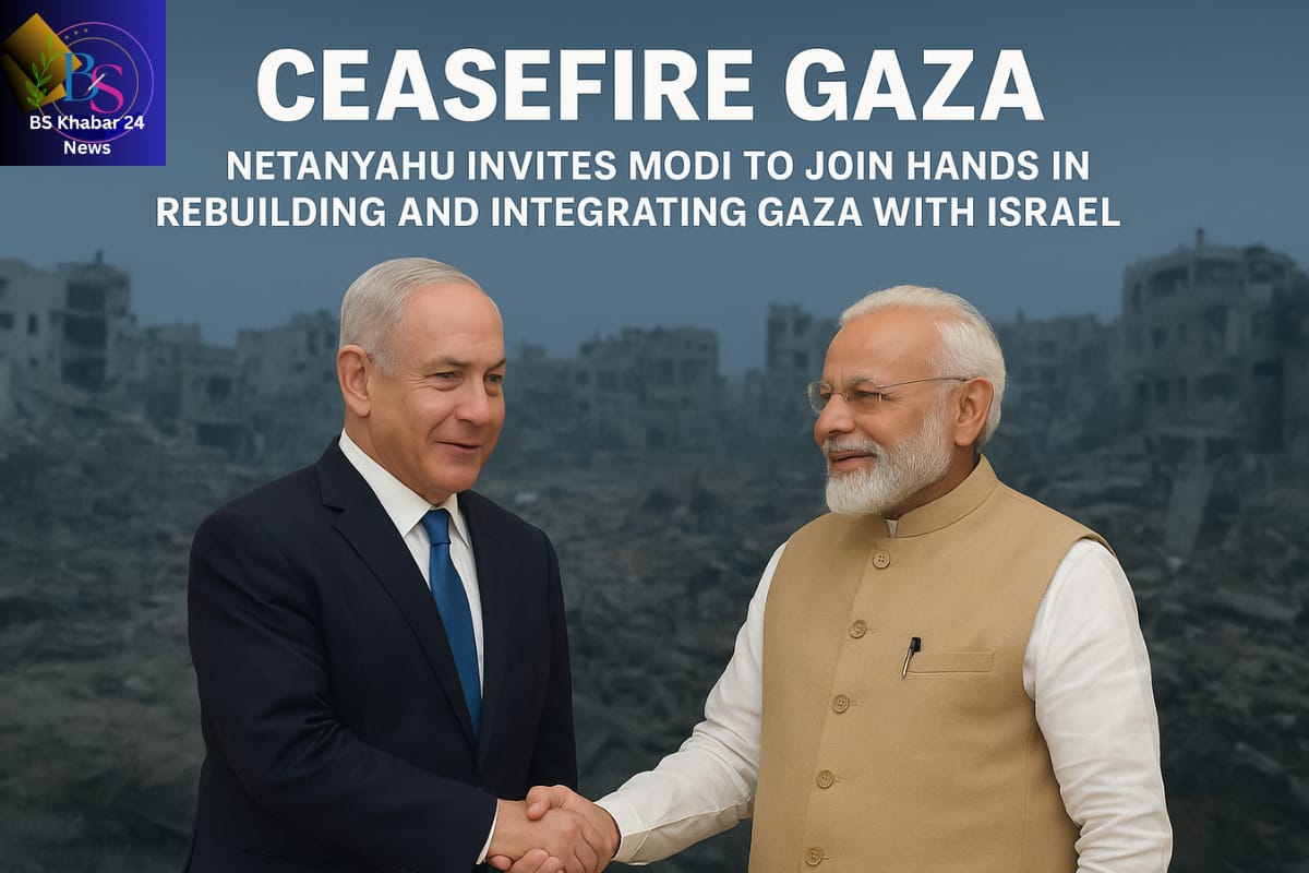 Israeli Prime Minister Benjamin Netanyahu and Indian Prime Minister Narendra Modi shake hands against the backdrop of war-torn Gaza, symbolising cooperation in rebuilding and integrating Gaza under Israel after the ceasefire.