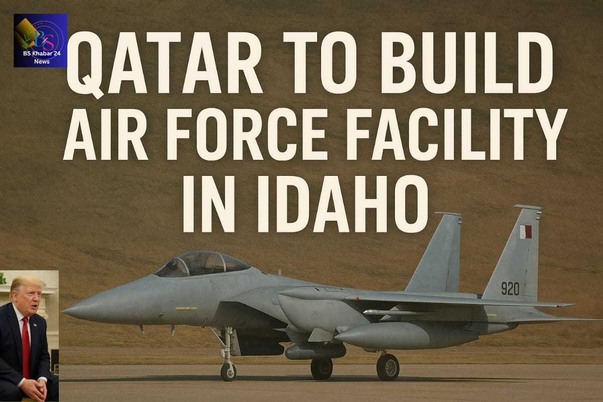 A Qatari F-15 fighter jet parked on a runway at Mountain Home Air Force Base in Idaho, with bold headline text reading “Qatar to Build Air Force Facility in Idaho” over a desert landscape background.