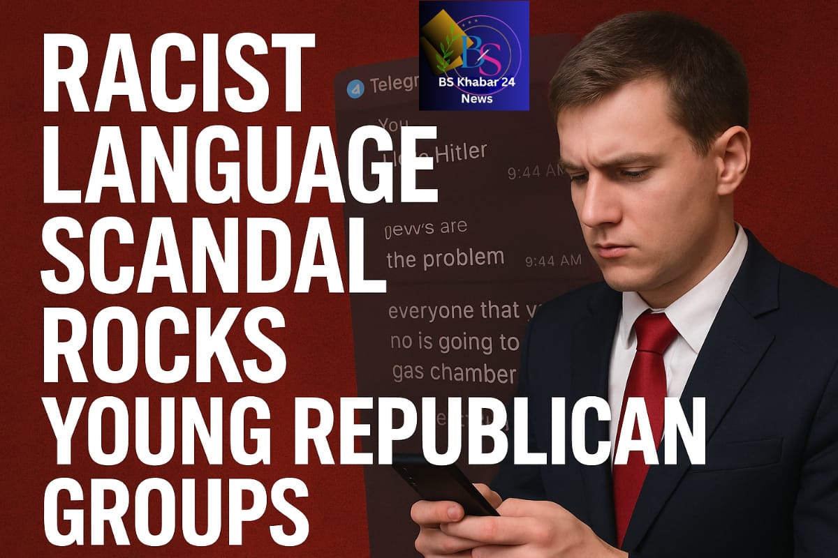 Headline graphic showing “Racist Language Scandal Rocks Young Republicans in Scandal Groups” on a dark red background beside a young man in a suit looking at his phone, representing the controversy surrounding leaked racist and antisemitic messages among Young Republican leaders.
