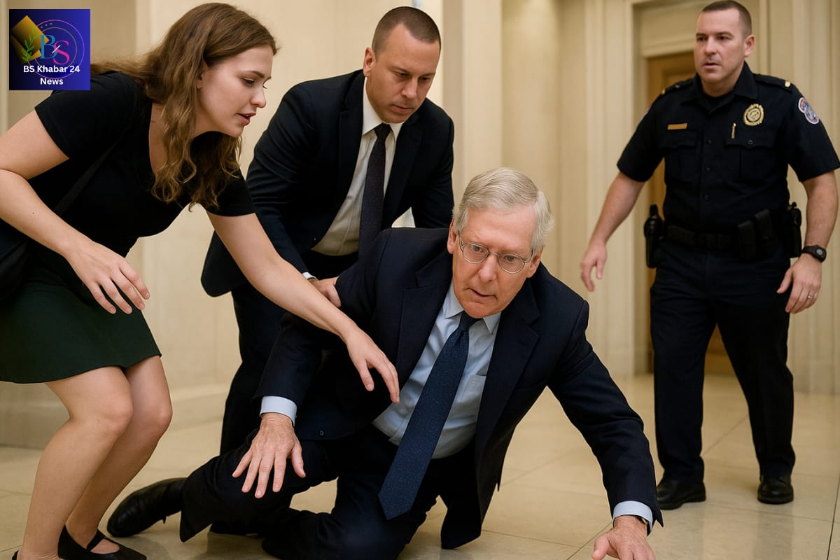 U.S. Senator Mitch McConnell fall 2025 inside the Russell Senate Office Building while being helped up by a young woman and security officers, following a brief exchange with a climate activist about ICE immigration raids.