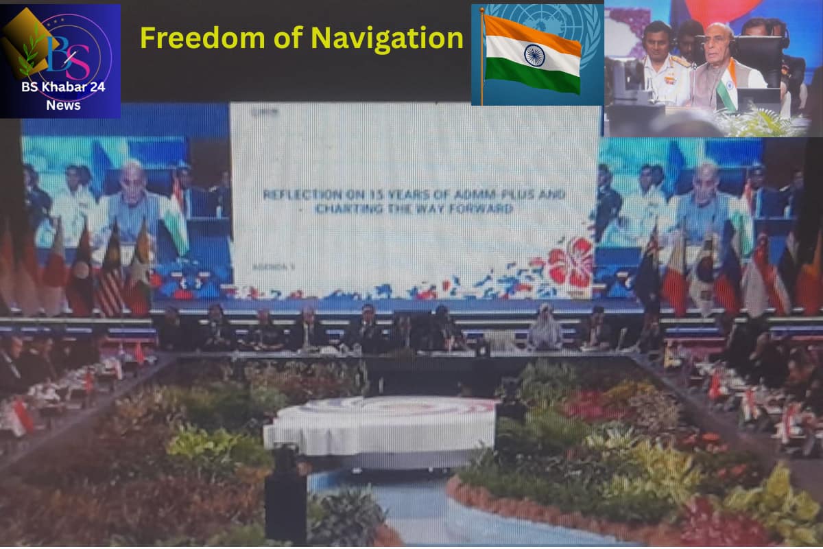 ndian Defence Minister addressing the ADMM-Plus 2025 meeting in Malaysia, with representatives from ASEAN nations discussing freedom of navigation and regional security under the theme 'Reflection on 15 Years of ADMM-Plus and Charting the Way Forward'. The image includes the Indian national flag and the BS Khabar 24 News logo.