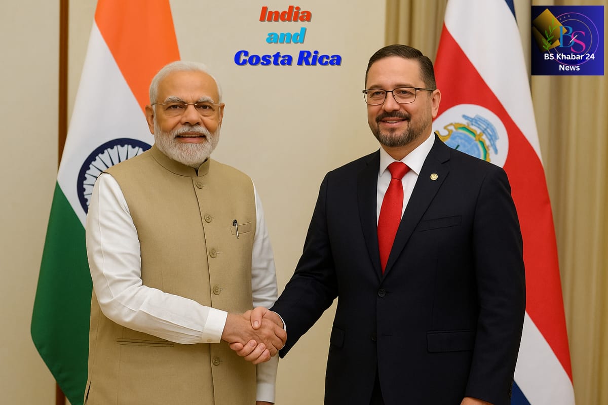 Indian Prime Minister Narendra Modi and Costa Rican President Rodrigo Chaves Robles shake hands in front of the national flags of India and Costa Rica, symbolizing bilateral cooperation and the launch of India’s first Fortified Rice Kernel export to Costa Rica and BS Khabar 24 Logo, text is India and Costa Rica.