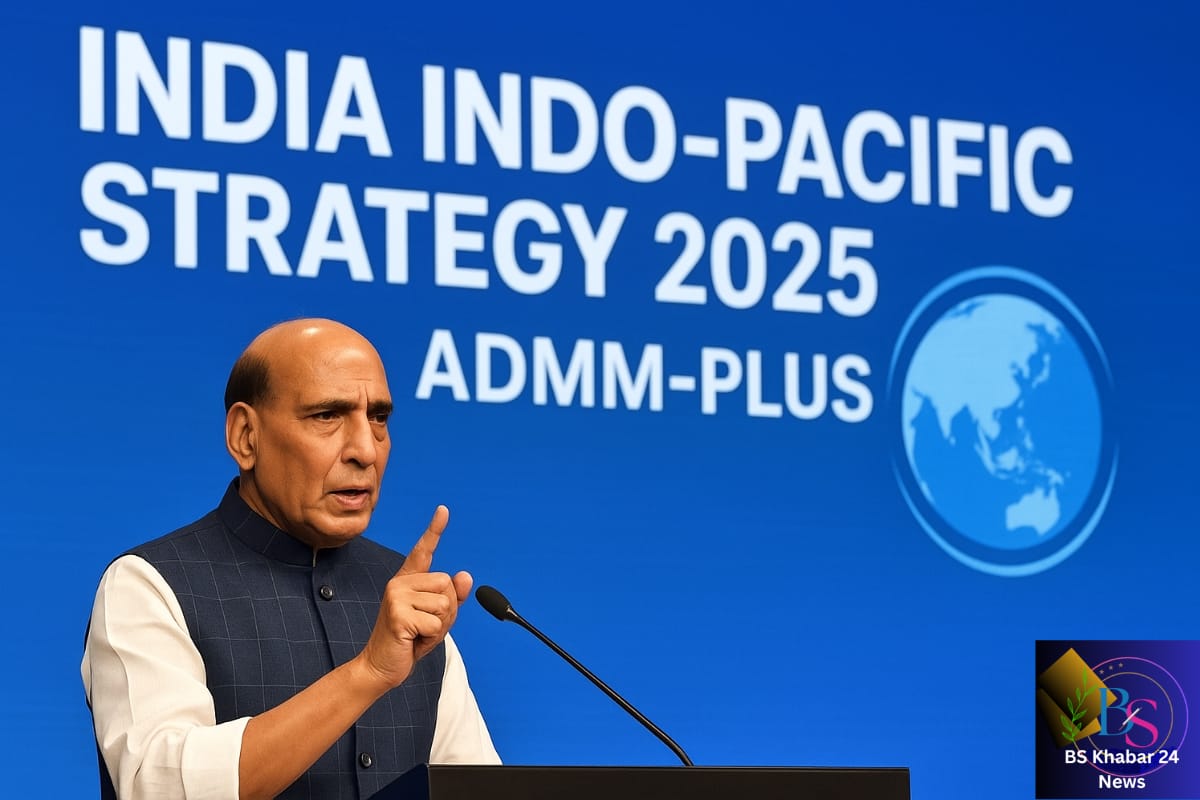 Indian Defence Minister Rajnath Singh delivers a speech at ADMM-Plus 2025 in Malaysia, emphasizing India Indo-Pacific Strategy 2025 focused on rule of law, inclusivity, and regional security cooperation and BS Khabar 24 news logo.