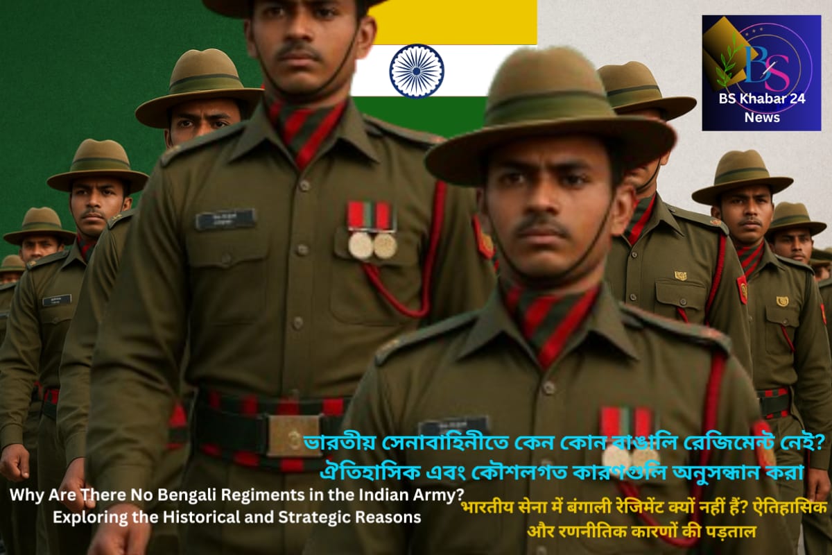 Indian Army soldiers in olive-green uniforms march in formation with the Indian national flag in the background. The image features multilingual text in Bengali, Hindi, and English discussing the topic “Why Are There No Bengali Regiment in Indian Army? Exploring the Historical and Strategic Reasons.” The BS Khabar 24 News logo appears in the top-right corner, representing the news outlet publishing the story.