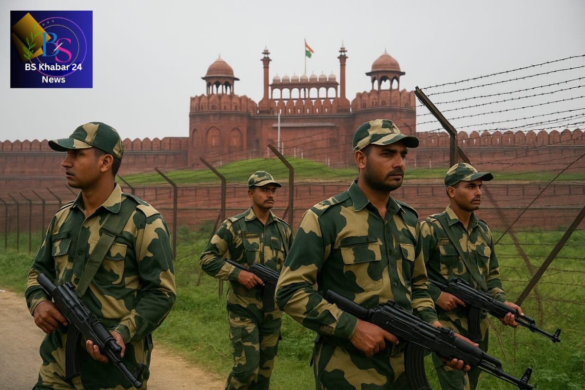 Security personnel patrolling Indo-Bangladesh border near Tripura amid rising regional tensions.