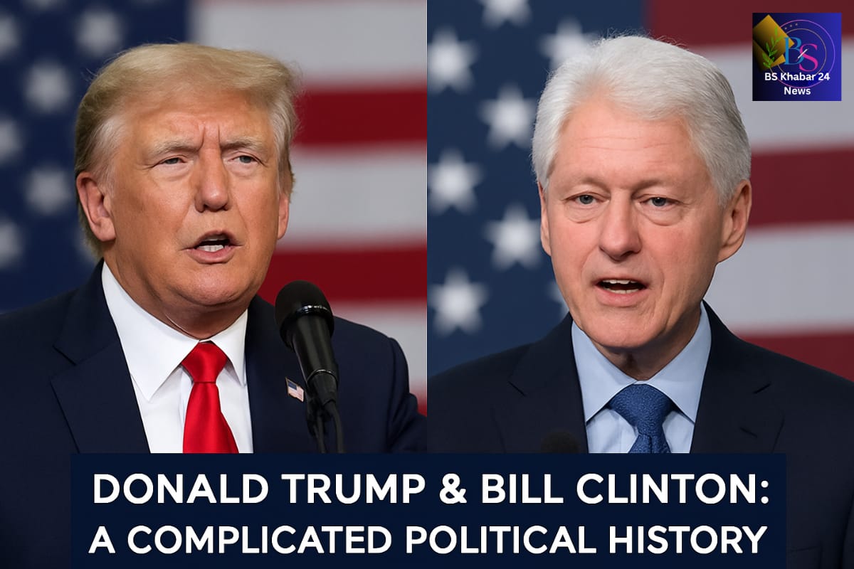 Image showing Donald Trump and Bill Clinton in a split-screen political comparison with the U.S. flag in the background and BS Khabar 24 News Logo.