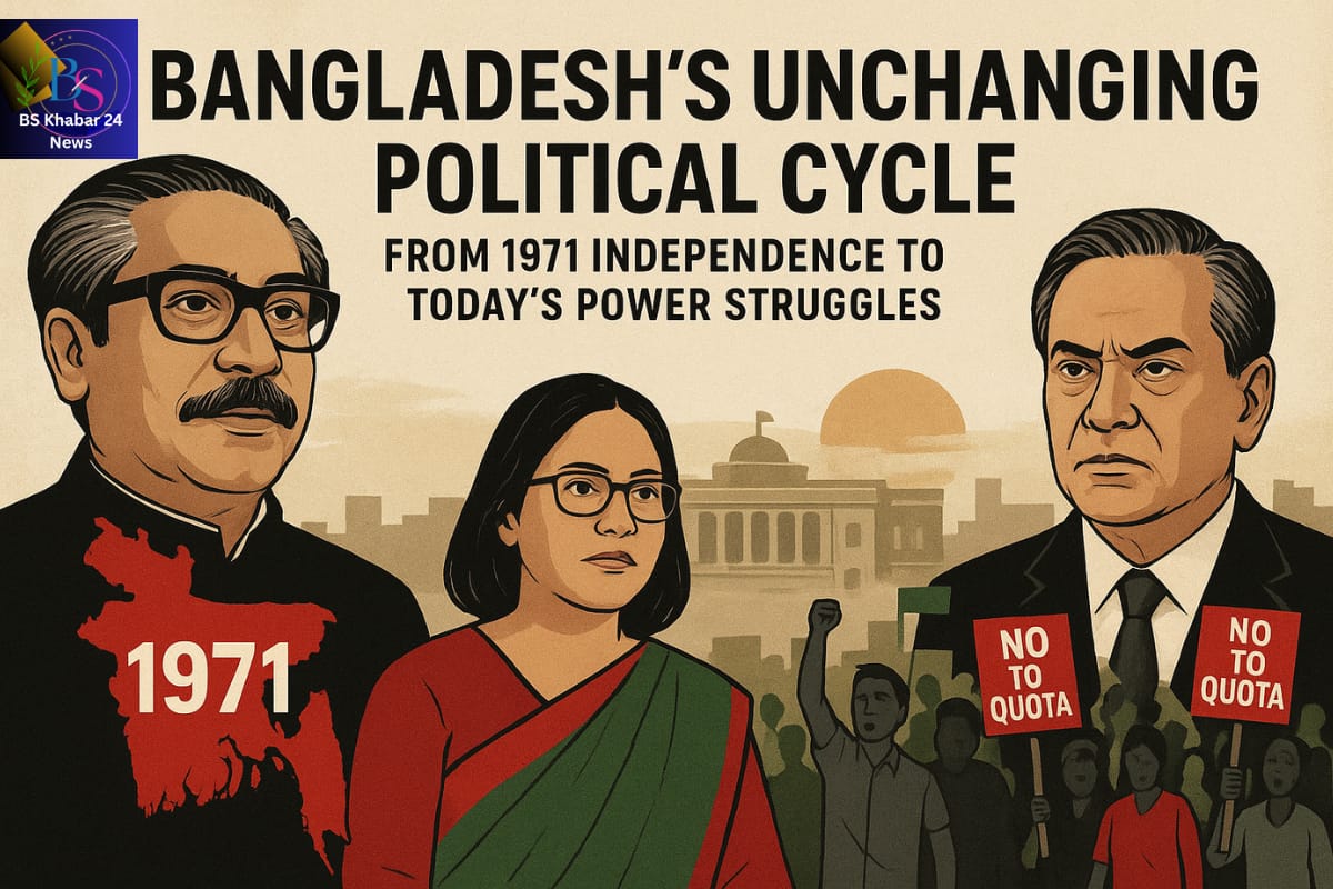 Illustrated graphic showing Bangladesh political history analysis from 1971 independence to modern power struggles, featuring Bangabandhu Sheikh Mujibur Rahman, contemporary protest scenes, and symbolic leadership figures.