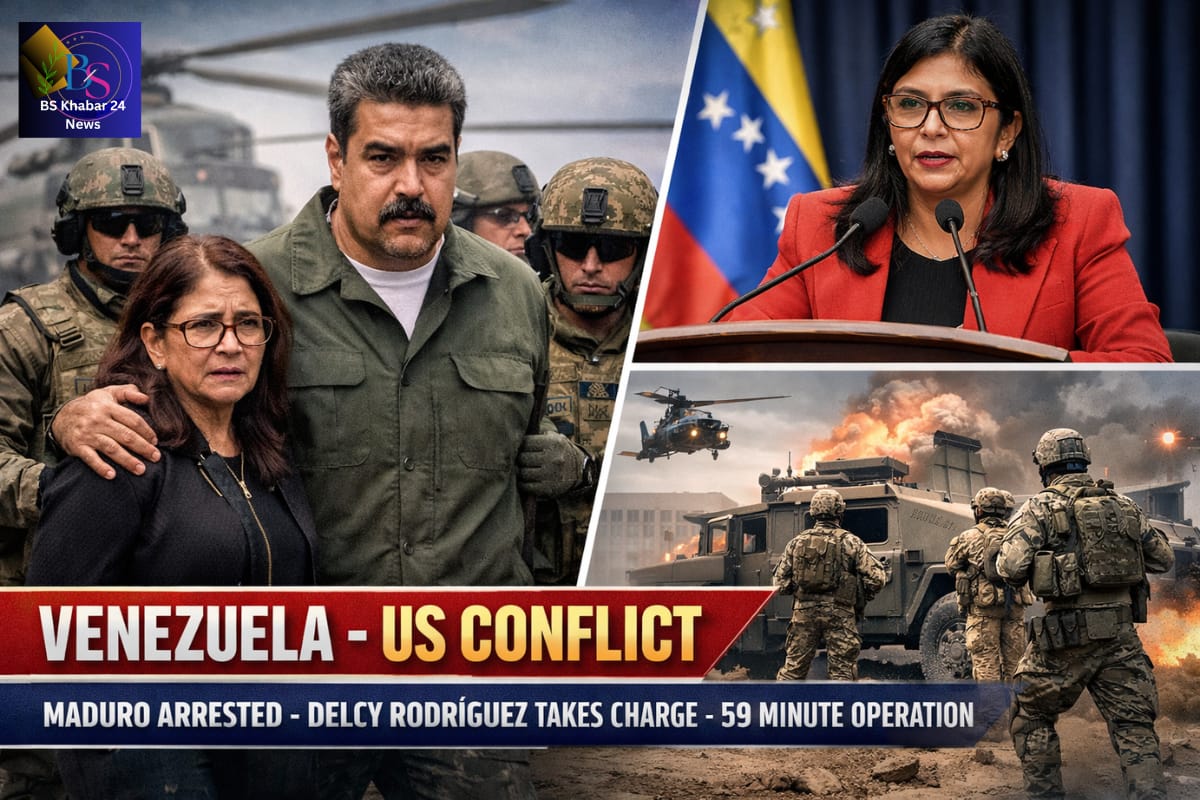 Venezuela-US conflict featured image showing Nicolás Maduro and his wife escorted by US soldiers, Delcy Rodríguez speaking at a podium after assuming new responsibilities, and US military troops with armored vehicles and helicopters during a 59-minute operation.
