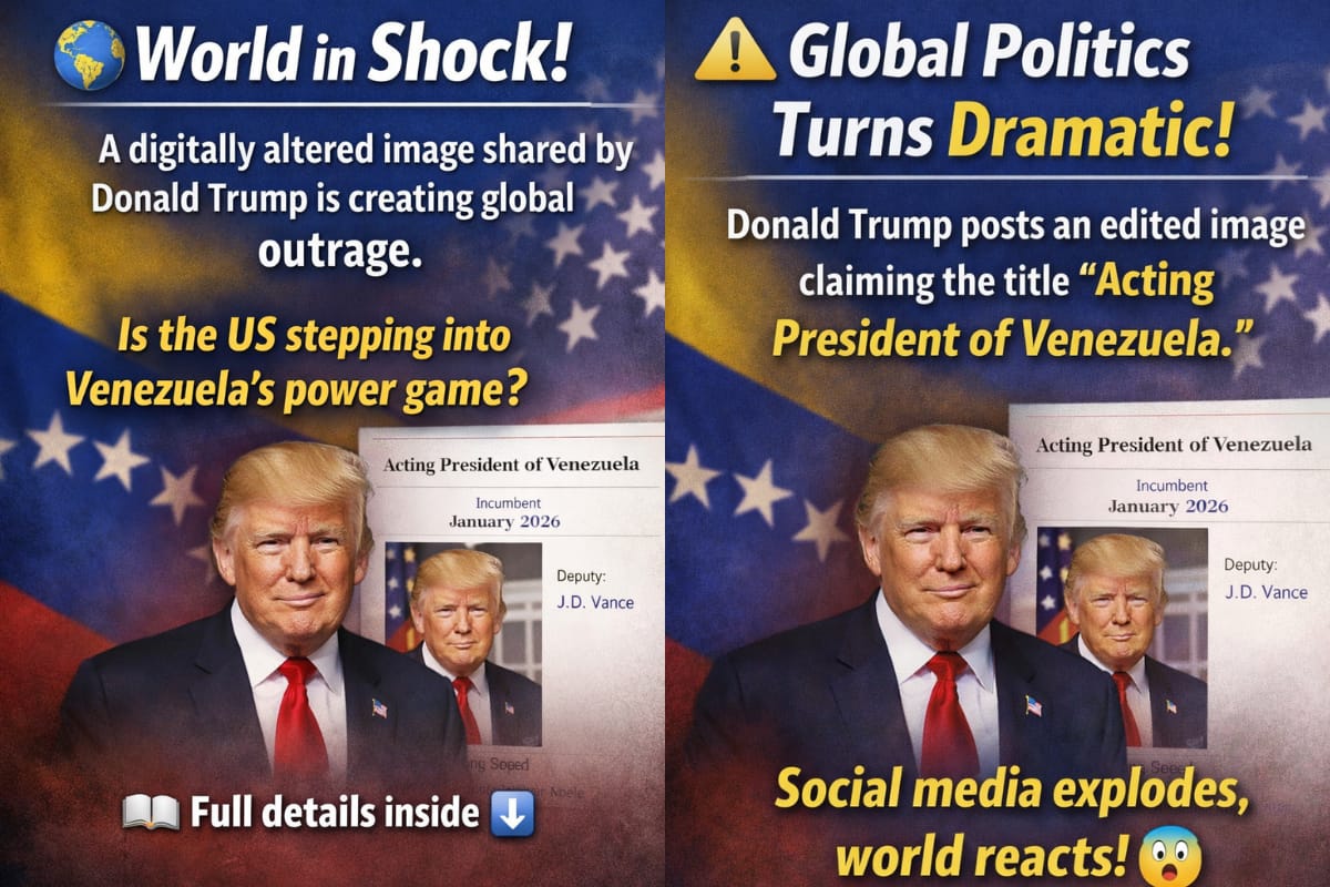Digitally altered image showing Donald Trump labeled as Acting President of Venezuela with text reading “World in Shock” and “Global Politics Turns Dramatic,” highlighting global reaction on social media.