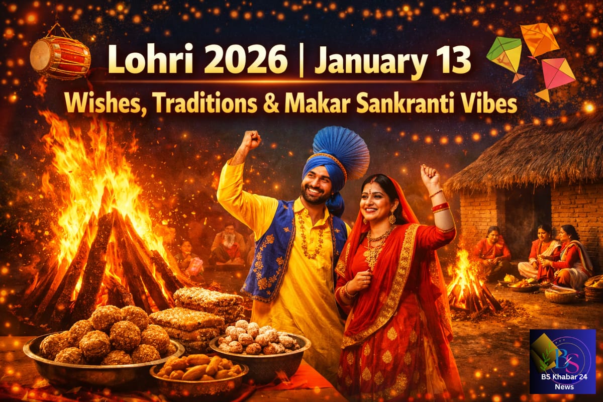 Lohri 2026 celebrations on January 13 showing a traditional bonfire, Punjabi couple in festive attire, offering til, jaggery and sweets, with Makar Sankranti vibes and rural Indian cultural background.