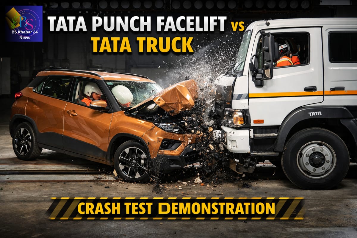 Tata Punch Facelift crash test showing a head-on collision with a Tata truck, highlighting strong body structure, airbag deployment, and Tata Motors’ advanced vehicle safety standards.