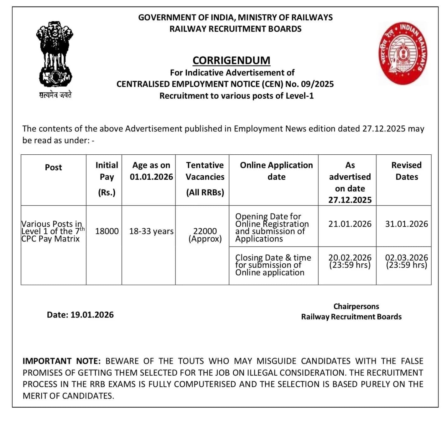 Railway Recruit Bord Government of India, Notificaion image