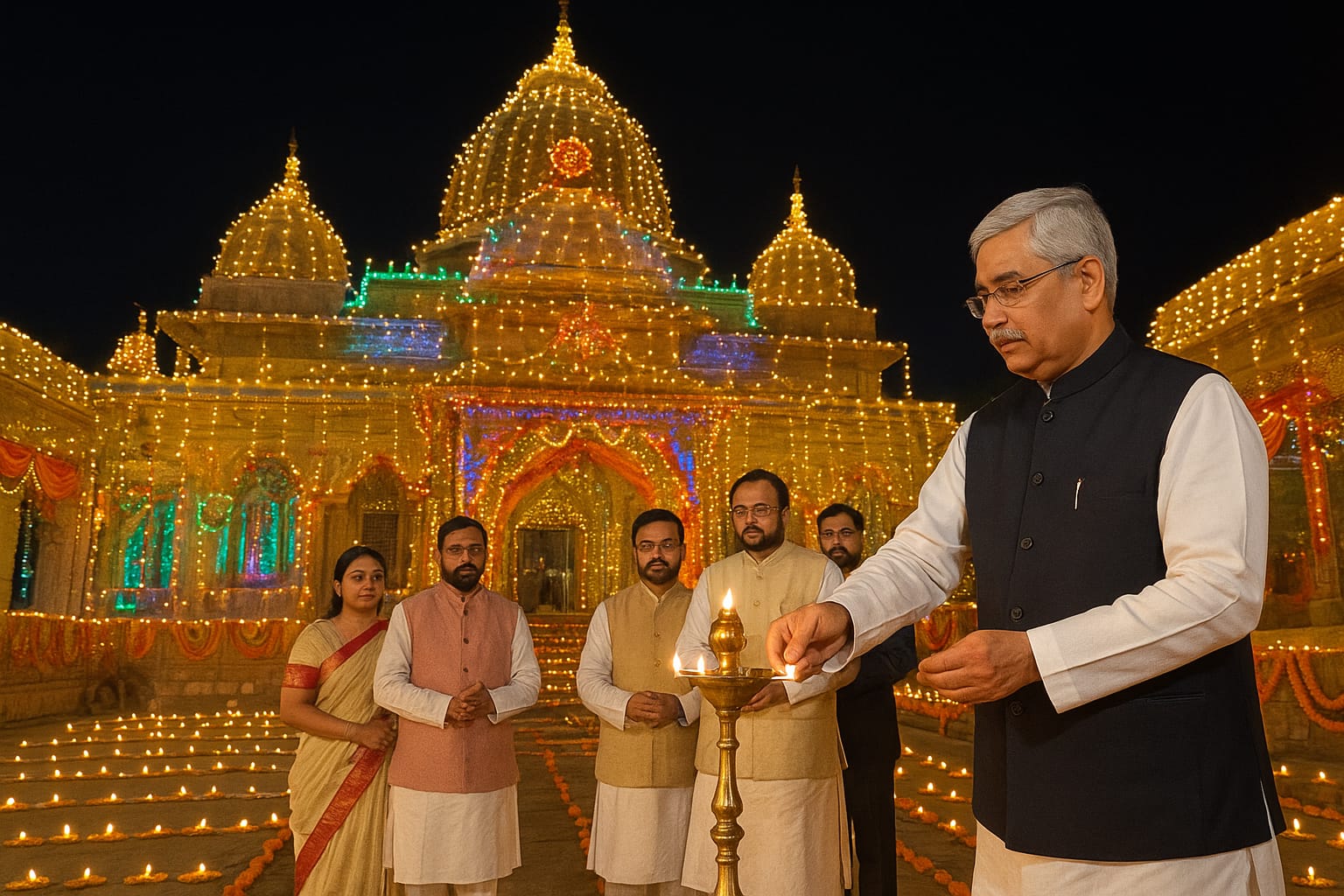 A colorful Diwali 2025 greeting poster from BS Khabar 24 News showing the beautifully lit Mata Tripureswari Temple in Udaipur, Tripura. The text reads “Happy Dewbali 2025 – Mata Tripureswari Temple.” The design features images of several leaders and the BS Khabar 24 News logo, symbolizing celebration, devotion, and festive spirit during Diwali at the sacred temple.