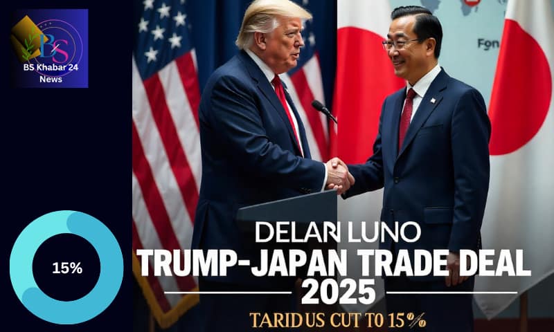 Donald Trump and Shigeru Ishiba finalize Trump Japan Trade Deal 2025, shaking hands with tariff deal text in background.